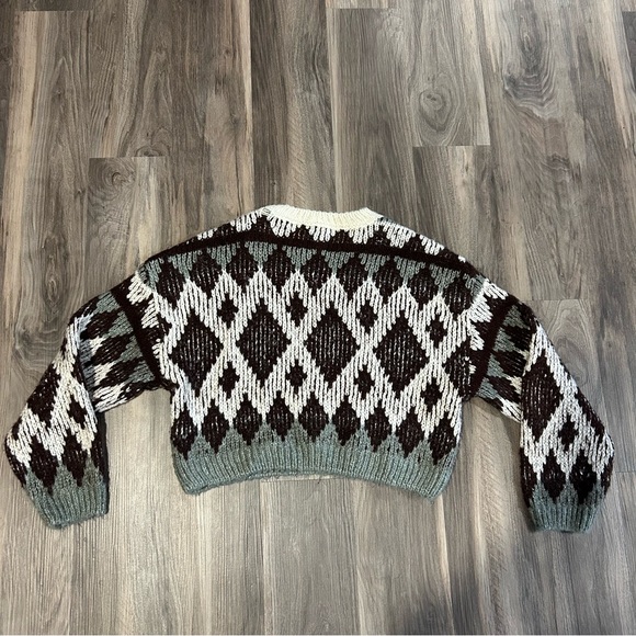 Brown green and white patterned crew neck sweater - Picture 3 of 3
